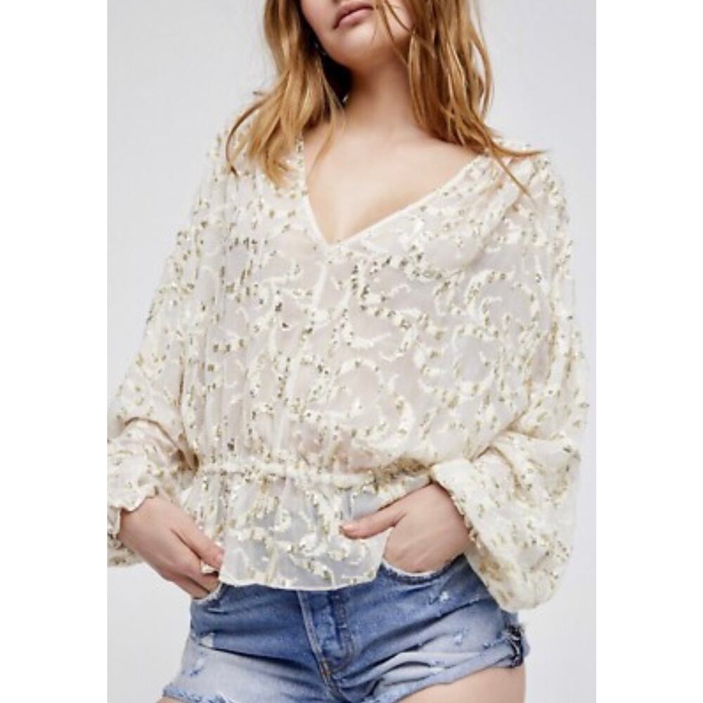 Free People Smile Away Sheer Top Ivory/Gold/Sequins Ruffle Trim Embroidery Small